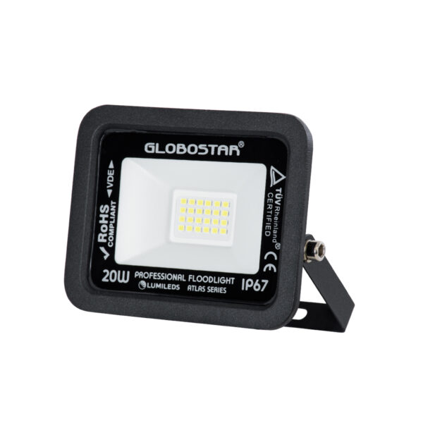 GloboStar® ATLAS 61410 Επαγγελματικός Προβολέας LED 20W 2500lm 120° AC 220-240V - Αδιάβροχος IP67 - Μ12 x Π2.5 x Υ9.5cm - Μαύρο - Ψυχρό Λευκό 6000K - LUMILEDS Chips - TÜV Rheinland Certified - 5 Years Warranty