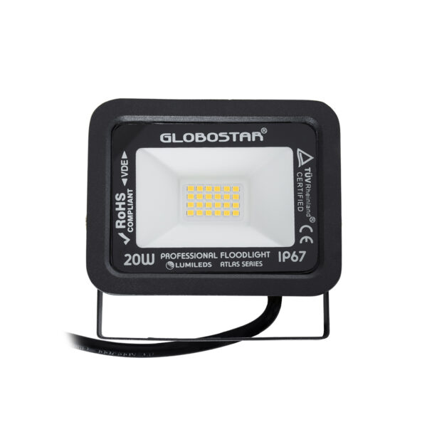 GloboStar® ATLAS 61412 Επαγγελματικός Προβολέας LED 20W 2300lm 120° AC 220-240V - Αδιάβροχος IP67 - Μ12 x Π2.5 x Υ9.5cm - Μαύρο - Θερμό Λευκό 2700K - LUMILEDS Chips - TÜV Rheinland Certified - 5 Years Warranty - Image 2