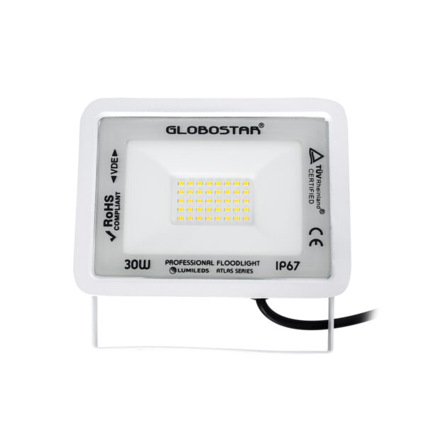 GloboStar® ATLAS 61414 Επαγγελματικός Προβολέας LED 30W 3600lm 120° AC 220-240V - Αδιάβροχος IP67 - Μ16 x Π2.5 x Υ12.5cm - Λευκό - Φυσικό Λευκό 4500K - LUMILEDS Chips - TÜV Rheinland Certified - 5 Years Warranty - Image 2