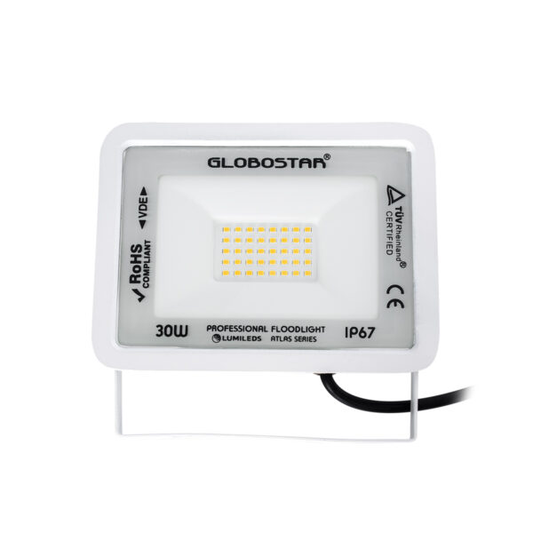 GloboStar® ATLAS 61415 Επαγγελματικός Προβολέας LED 30W 3450lm 120° AC 220-240V - Αδιάβροχος IP67 - Μ16 x Π2.5 x Υ12.5cm - Λευκό - Θερμό Λευκό 2700K - LUMILEDS Chips - TÜV Rheinland Certified - 5 Years Warranty - Image 2