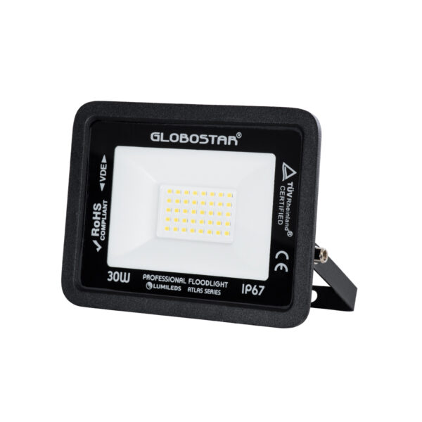 GloboStar® ATLAS 61417 Επαγγελματικός Προβολέας LED 30W 3600lm 120° AC 220-240V - Αδιάβροχος IP67 - Μ16 x Π2.5 x Υ12.5cm - Μαύρο - Φυσικό Λευκό 4500K - LUMILEDS Chips - TÜV Rheinland Certified - 5 Years Warranty