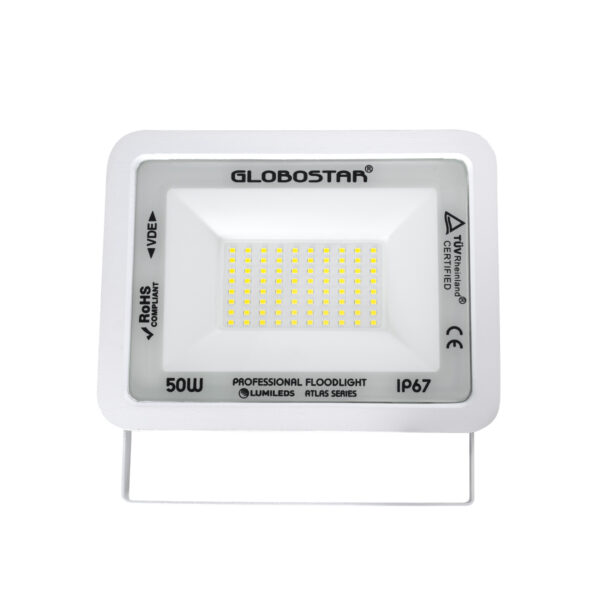 GloboStar® ATLAS 61419 Επαγγελματικός Προβολέας LED 50W 6250lm 120° AC 220-240V - Αδιάβροχος IP67 - Μ21 x Π3.5 x Υ16cm - Λευκό - Ψυχρό Λευκό 6000K - LUMILEDS Chips - TÜV Rheinland Certified - 5 Years Warranty - Image 2