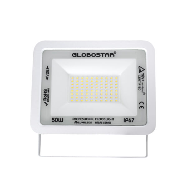 GloboStar® ATLAS 61420 Επαγγελματικός Προβολέας LED 50W 6000lm 120° AC 220-240V - Αδιάβροχος IP67 - Μ21 x Π3.5 x Υ16cm - Λευκό - Φυσικό Λευκό 4500K - LUMILEDS Chips - TÜV Rheinland Certified - 5 Years Warranty - Image 2