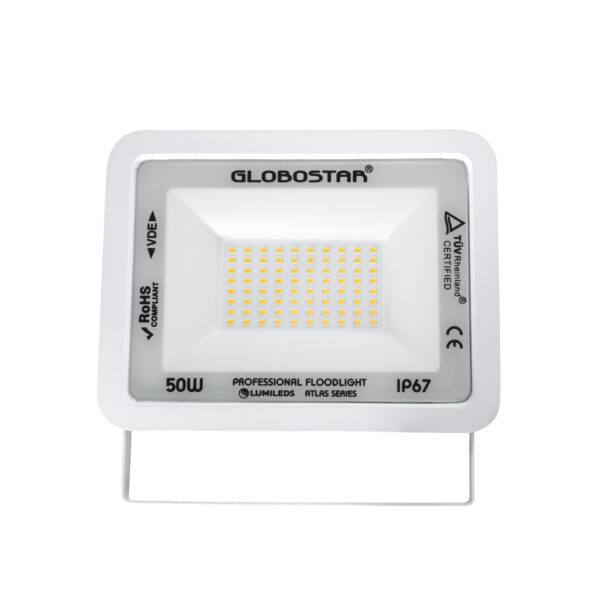 GloboStar® ATLAS 61421 Επαγγελματικός Προβολέας LED 50W 5750lm 120° AC 220-240V - Αδιάβροχος IP67 - Μ21 x Π3.5 x Υ16cm - Λευκό - Θερμό Λευκό 2700K - LUMILEDS Chips - TÜV Rheinland Certified - 5 Years Warranty - Image 2