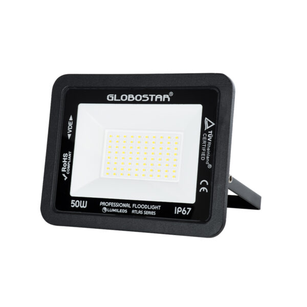 GloboStar® ATLAS 61423 Επαγγελματικός Προβολέας LED 50W 6000lm 120° AC 220-240V - Αδιάβροχος IP67 - Μ21 x Π3.5 x Υ16cm - Μαύρο - Φυσικό Λευκό 4500K - LUMILEDS Chips - TÜV Rheinland Certified - 5 Years Warranty