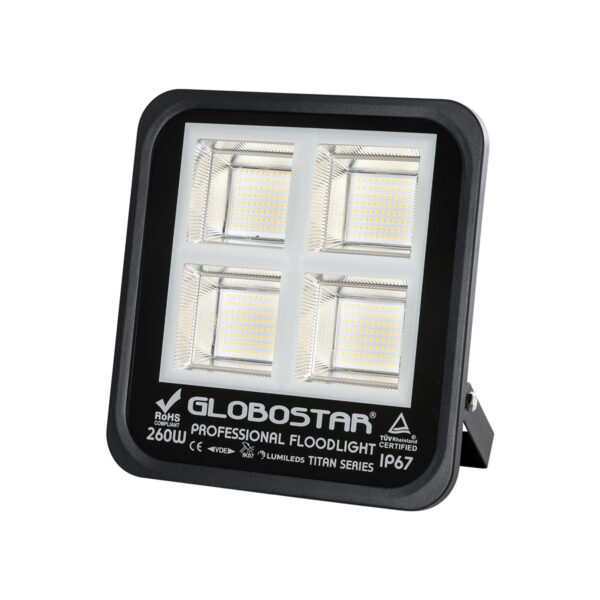 GloboStar® TITAN 61434 Επαγγελματικός Προβολέας για Γήπεδα Tennis & Ποδοσφαίρου 5x5 LED 260W 32500lm 60°x90° FishEye AC 220-240V - Αδιάβροχος IP67 - Μ30 x Π8 x Υ28cm - Μαύρο - Φυσικό Λευκό 5000K - LUMILEDS Chips - TÜV Rheinland Certified - 5 Years Warranty