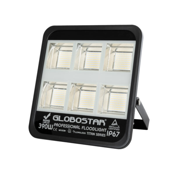 GloboStar® TITAN 61435 Επαγγελματικός Προβολέας για Γήπεδα Tennis & Ποδοσφαίρου 5x5 LED 390W 48750lm 60°x90° FishEye AC 220-240V - Αδιάβροχος IP67 - Μ32 x Π8 x Υ35cm - Μαύρο - Φυσικό Λευκό 5000K - LUMILEDS Chips - TÜV Rheinland Certified - 5 Χρόνια Εγγύηση