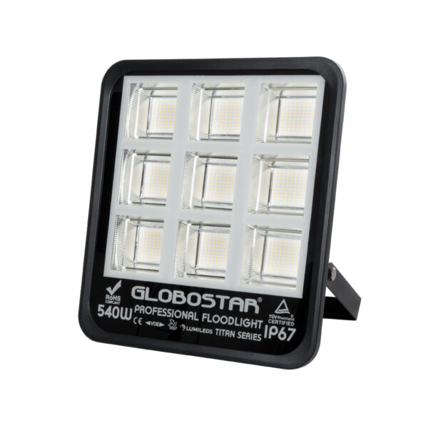 GloboStar® TITAN 61436 Επαγγελματικός Προβολέας για Γήπεδα Tennis & Ποδοσφαίρου 5x5 LED 540W 67500lm 60°x90° FishEye AC 220-240V - Αδιάβροχος IP67 - Μ38 x Π8 x Υ42cm - Μαύρο - Φυσικό Λευκό 5000K - LUMILEDS Chips - TÜV Rheinland Certified - 5 Χρόνια Εγγύηση