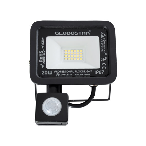 GloboStar® AURORA 61437 Επαγγελματικός Προβολέας LED 20W 2500lm 120° AC 220-240V με Ενσωματωμένο Ρυθμιζόμενο Αισθητήρα Κίνησης PIR - Αδιάβροχος IP67 - Μ12 x Π5 x Υ14.5cm - Μαύρο - Ψυχρό Λευκό 6000K - LUMILEDS Chips - TÜV Rheinland Certified - 3 Years Warranty - Image 2