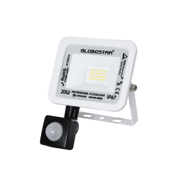 GloboStar® AURORA 61438 Επαγγελματικός Προβολέας LED 20W 2500lm 120° AC 220-240V με Ενσωματωμένο Ρυθμιζόμενο Αισθητήρα Κίνησης PIR - Αδιάβροχος IP67 - Μ12 x Π5 x Υ14.5cm - Λευκό - Ψυχρό Λευκό 6000K - LUMILEDS Chips - TÜV Rheinland Certified - 3 Years Warranty