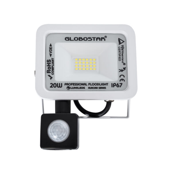 GloboStar® AURORA 61438 Επαγγελματικός Προβολέας LED 20W 2500lm 120° AC 220-240V με Ενσωματωμένο Ρυθμιζόμενο Αισθητήρα Κίνησης PIR - Αδιάβροχος IP67 - Μ12 x Π5 x Υ14.5cm - Λευκό - Ψυχρό Λευκό 6000K - LUMILEDS Chips - TÜV Rheinland Certified - 3 Years Warranty - Image 2