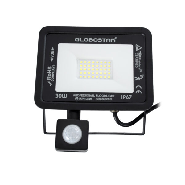 GloboStar® AURORA 61439 Επαγγελματικός Προβολέας LED 30W 3750lm 120° AC 220-240V με Ενσωματωμένο Ρυθμιζόμενο Αισθητήρα Κίνησης PIR - Αδιάβροχος IP67 - Μ16 x Π5 x Υ17.5cm - Μαύρο - Ψυχρό Λευκό 6000K - LUMILEDS Chips - TÜV Rheinland Certified - 3 Years Warranty - Image 2