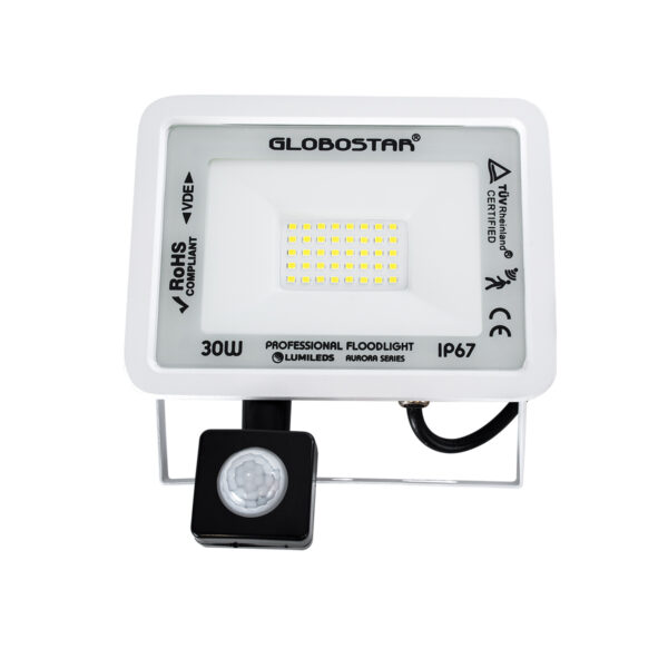 GloboStar® AURORA 61440 Επαγγελματικός Προβολέας LED 30W 3750lm 120° AC 220-240V με Ενσωματωμένο Ρυθμιζόμενο Αισθητήρα Κίνησης PIR - Αδιάβροχος IP67 - Μ16 x Π5 x Υ17.5cm - Λευκό - Ψυχρό Λευκό 6000K - LUMILEDS Chips - TÜV Rheinland Certified - 3 Years Warranty - Image 2