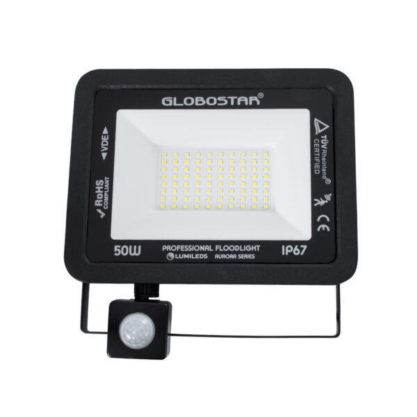 GloboStar® AURORA 61441 Επαγγελματικός Προβολέας LED 50W 6250lm 120° AC 220-240V με Ενσωματωμένο Ρυθμιζόμενο Αισθητήρα Κίνησης PIR - Αδιάβροχος IP67 - Μ21 x Π5 x Υ21cm - Μαύρο - Ψυχρό Λευκό 6000K - LUMILEDS Chips - TÜV Rheinland Certified - 3 Years Warranty - Image 2