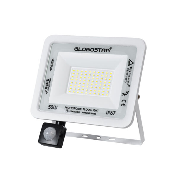 GloboStar® AURORA 61442 Επαγγελματικός Προβολέας LED 50W 6250lm 120° AC 220-240V με Ενσωματωμένο Ρυθμιζόμενο Αισθητήρα Κίνησης PIR - Αδιάβροχος IP67 - Μ21 x Π5 x Υ21cm - Λευκό - Ψυχρό Λευκό 6000K - LUMILEDS Chips - TÜV Rheinland Certified - 3 Years Warranty