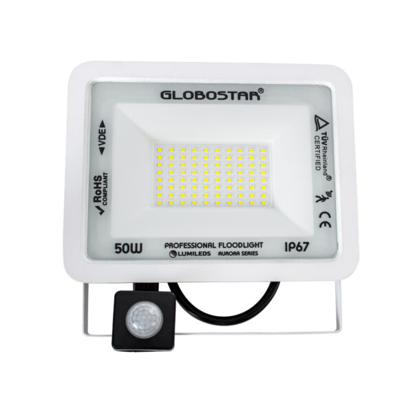 GloboStar® AURORA 61442 Επαγγελματικός Προβολέας LED 50W 6250lm 120° AC 220-240V με Ενσωματωμένο Ρυθμιζόμενο Αισθητήρα Κίνησης PIR - Αδιάβροχος IP67 - Μ21 x Π5 x Υ21cm - Λευκό - Ψυχρό Λευκό 6000K - LUMILEDS Chips - TÜV Rheinland Certified - 3 Years Warranty - Image 2