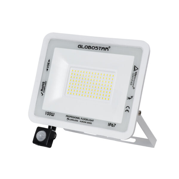 GloboStar® AURORA 61444 Επαγγελματικός Προβολέας LED 100W 12500lm 120° AC 220-240V με Ενσωματωμένο Ρυθμιζόμενο Αισθητήρα Κίνησης PIR - Αδιάβροχος IP67 - Μ25 x Π6.5 x Υ27.5cm - Λευκό - Ψυχρό Λευκό 6000K - LUMILEDS Chips - TÜV Rheinland Certified - 3 Years Warranty