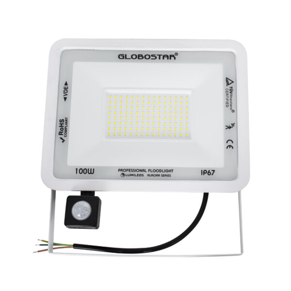 GloboStar® AURORA 61444 Επαγγελματικός Προβολέας LED 100W 12500lm 120° AC 220-240V με Ενσωματωμένο Ρυθμιζόμενο Αισθητήρα Κίνησης PIR - Αδιάβροχος IP67 - Μ25 x Π6.5 x Υ27.5cm - Λευκό - Ψυχρό Λευκό 6000K - LUMILEDS Chips - TÜV Rheinland Certified - 3 Years Warranty - Image 2