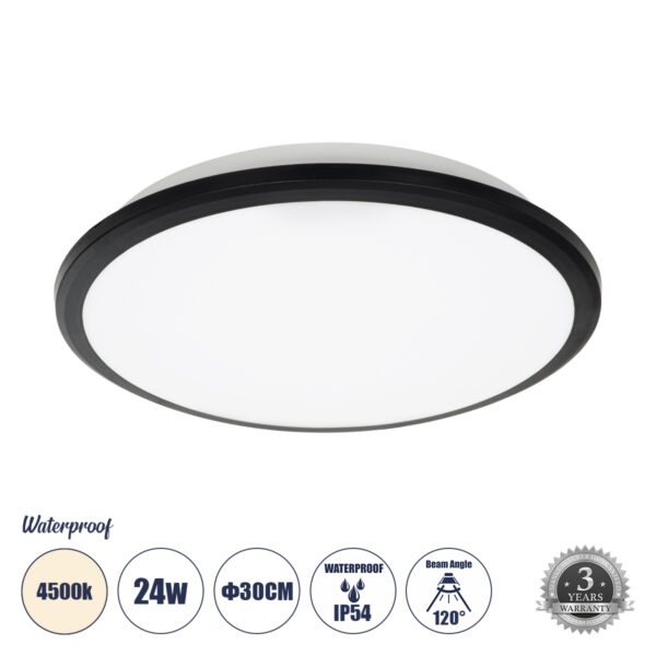 GloboStar® TUFFIN 60997 Πλαφονιέρα Οροφής LED 24W 2640lm 120° AC 220-240V Αδιάβροχη IP54 Φ30 x Υ6.5cm Φυσικό Λευκό 4500K - Μαύρο - Bridgelux Chips - 3 Years Warranty