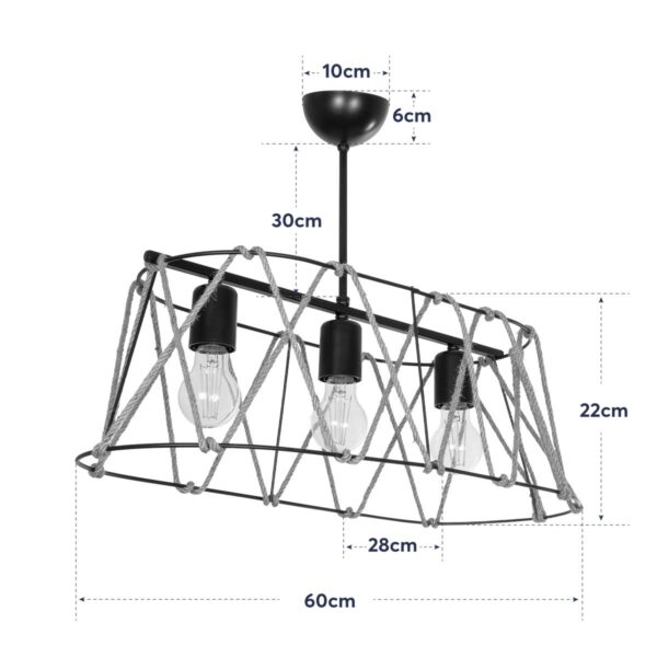 GloboStar® GATSBY 203-0006 Vintage Κρεμαστό Φωτιστικό Σχοινί Τρίφωτο 3 x E27 IP20 Μαύρο Μέταλλο με Μπεζ Σχοινί - Μ60 x Π28 x Υ22cm - Image 9