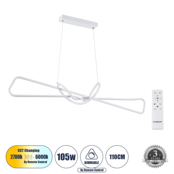 GloboStar® DOLORES 61280 Κρεμαστό Φωτιστικό Οροφής Design LED CCT 105W 11760lm 300° AC 220-240V - Εναλλαγή Φωτισμού μέσω Τηλεχειριστηρίου All In One Ψυχρό 6000k+Φυσικό 4500k+Θερμό 2700k Dimmable Μ110 x Π17 x Υ17.5cm - Λευκό - 3 Years Warranty