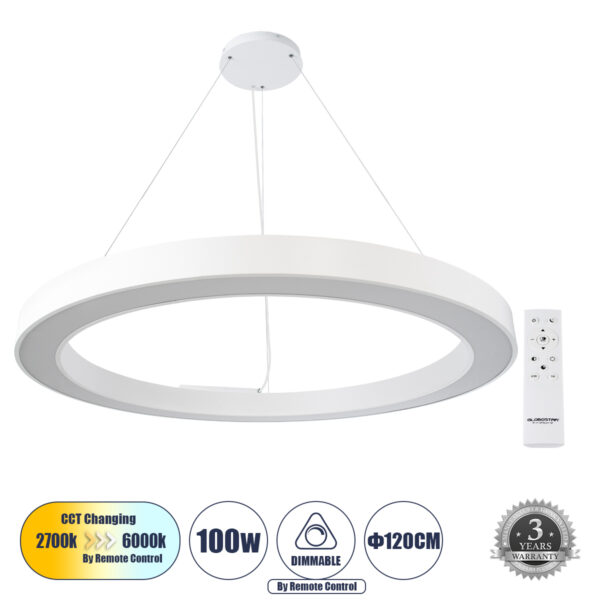 GloboStar® RA 61199 Κρεμαστό Φωτιστικό Δαχτυλίδι-Κύκλος LED CCT 100W 11020lm 120° AC 220-240V - Εναλλαγή Φωτισμού μέσω Τηλεχειριστηρίου All In One Ψυχρό 6000k+Φυσικό 4500k+Θερμό 2700k Dimmable Φ120cm - Λευκό - 3 Years Warranty