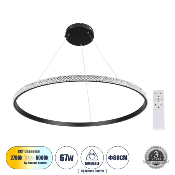 GloboStar® DIAMOND 61132 Κρεμαστό Φωτιστικό Δαχτυλίδι-Κύκλος LED CCT 67W 7689lm 360° AC 220-240V - Εναλλαγή Φωτισμού μέσω Τηλεχειριστηρίου All In One Ψυχρό 6000k+Φυσικό 4500k+Θερμό 2700k Dimmable Φ80cm - Μαύρο - 3 Years Warranty