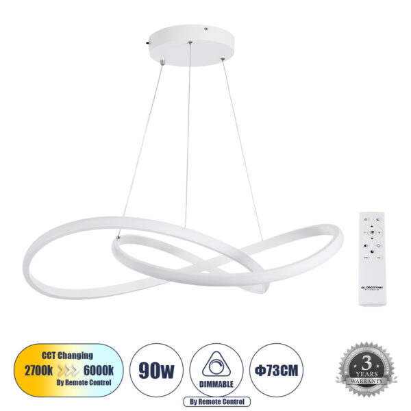 GloboStar® DEXTER 60914 Κρεμαστό Φωτιστικό Οροφής Design LED CCT 90W 10080lm 300° AC 220-240V - Εναλλαγή Φωτισμού μέσω Τηλεχειριστηρίου All In One Ψυχρό 6000k+Φυσικό 4500k+Θερμό 2700k Dimmable Φ73cm - Λευκό - 3 Years Warranty