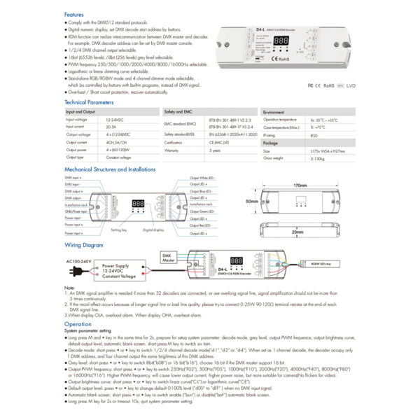 GloboStar® 70668 D4-L SKYDANCE DC DMX & RDM Dimmer High Speed Controller / Decoder 4 Καναλιών DC 12-24V 4 x 5A 120W - Max 20.5A 480W - IP20 Μ17 x Π5 x Υ2.5cm - 5 Years Warranty - Image 8