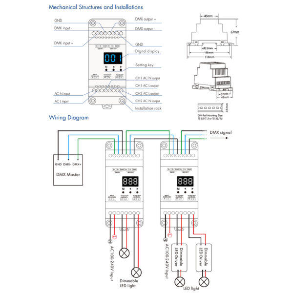 GloboStar® 70670 S1-DR SKYDANCE AC Triac DMX Dimmer Din Rail Ράγας 2 Καναλιών AC 100-240V 2 x 1.5A 360W - Max 3A 720W - IP20 DMX512 Μ11.5 x Π5 x Υ6.5cm - 5 Years Warranty - Image 9