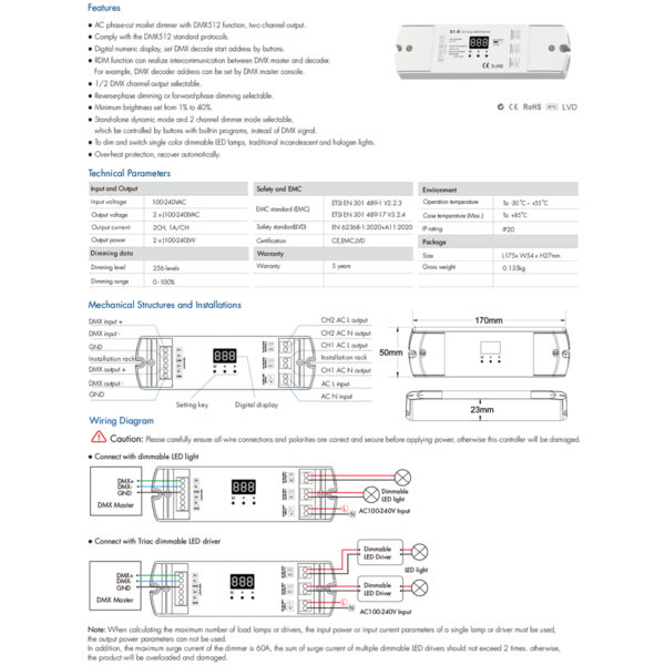 GloboStar® 70671 S1-D SKYDANCE AC Triac DMX Dimmer 2 Καναλιών AC 100-240V 2 x 1A 240W - Max 2A 480W - IP20 Μ16.7 x Π5 x Υ2.4cm - 5 Years Warranty - Image 5