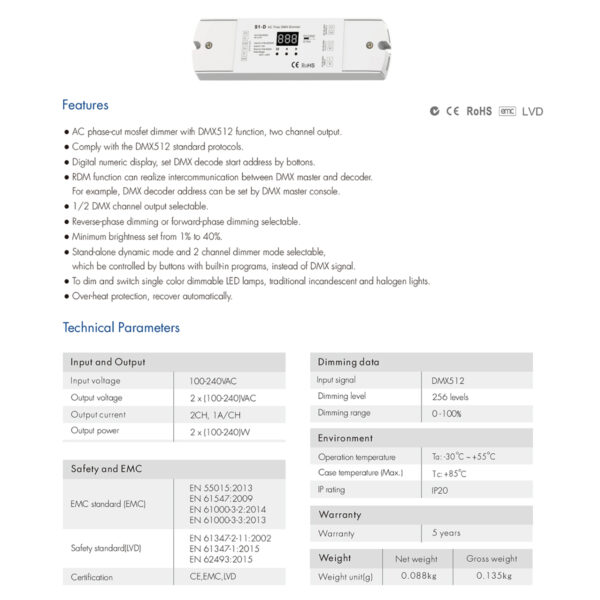 GloboStar® 70671 S1-D SKYDANCE AC Triac DMX Dimmer 2 Καναλιών AC 100-240V 2 x 1A 240W - Max 2A 480W - IP20 Μ16.7 x Π5 x Υ2.4cm - 5 Years Warranty - Image 6