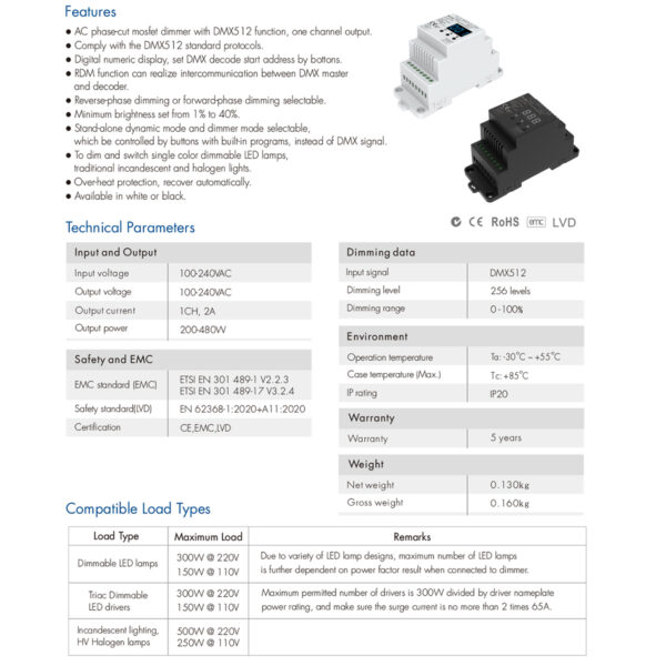 GloboStar® 70672 S1-D1 SKYDANCE AC Triac DMX Dimmer Din Rail Ράγας 1 Καναλιού AC 100-240V 1 x 2A 480W - Max 2A 480W - IP20 DMX512 Μ11.5 x Π5 x Υ6.5cm - 5 Years Warranty - Image 9