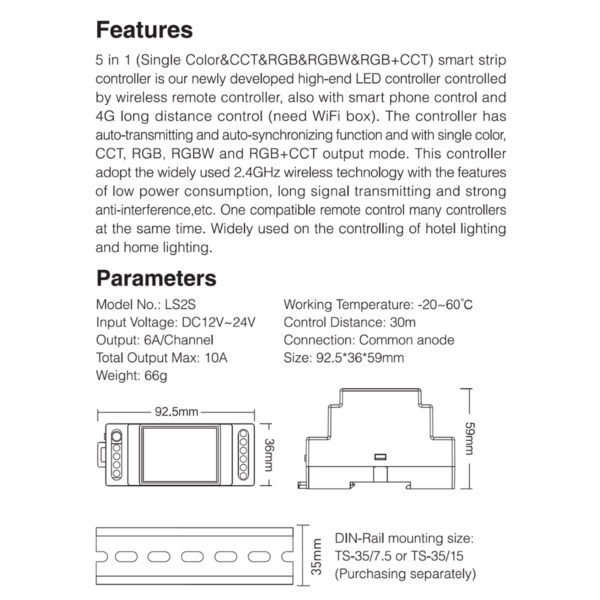 GloboStar® 71415 LS2S Mi-BOXER DC WiFi & RF 2.4Ghz Dimmer High Speed Controller 5 Καναλιών DC 12-24V 5 x 6A 144W - Max 10A 240W - IP20 RGBW+WW - Din Rail Ράγας - Μ9 x Π3.4 x Υ6cm - 5 Years Warranty - Image 15