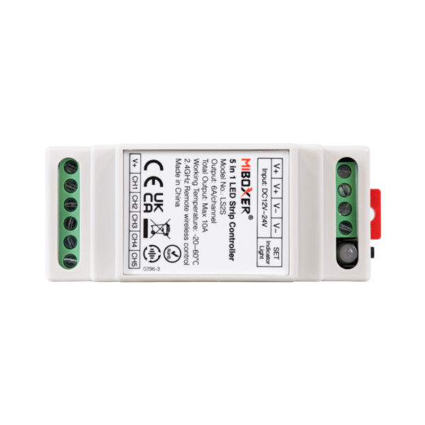 GloboStar® 71415 LS2S Mi-BOXER DC WiFi & RF 2.4Ghz Dimmer High Speed Controller 5 Καναλιών DC 12-24V 5 x 6A 144W - Max 10A 240W - IP20 RGBW+WW - Din Rail Ράγας - Μ9 x Π3.4 x Υ6cm - 5 Years Warranty - Image 2