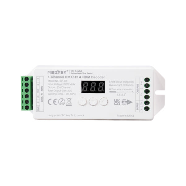 GloboStar® 71424 D1-CX Mi-BOXER DC DMX & RDM Dimmer High Speed Controller / Decoder 1 Καναλιού DC 12-24V 1 x 20A 480W - Max 20A 480W - IP20 Μ13 x Π5 x Υ2.5cm - 5 Years Warranty - Image 2