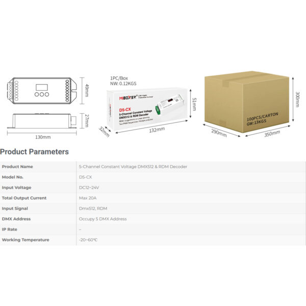 GloboStar® 71426 D5-CX Mi-BOXER DC DMX & RDM Dimmer High Speed Controller / Decoder 5 Καναλιών DC 12-24V 5 x 4A 96W - Max 20A 480W - IP20 Μ13 x Π5 x Υ2.5cm - 5 Years Warranty - Image 14