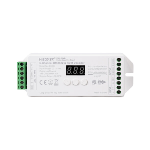 GloboStar® 71426 D5-CX Mi-BOXER DC DMX & RDM Dimmer High Speed Controller / Decoder 5 Καναλιών DC 12-24V 5 x 4A 96W - Max 20A 480W - IP20 Μ13 x Π5 x Υ2.5cm - 5 Years Warranty - Image 2