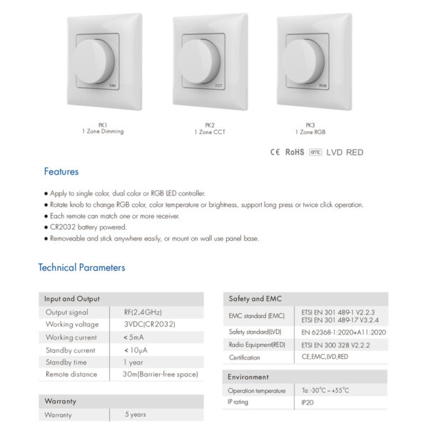 GloboStar® 71443 K1 Mi-BOXER Ασύρματο Επιτοίχιο Χειριστήριο Dimmer RF 2.4Ghz για όλα τα Μονόχρωμα Mi-BOXER Controller DC 3V 1 x CR2032 - IP20 Λευκό Μ8.5 x Π8.5 x Υ2.5cm - 5 Years Warranty - Image 8