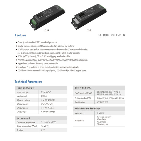 GloboStar® 71445 D5-P SKYDANCE DC DMX & RDM Dimmer High Speed Controller / Decoder 5 Καναλιών DC 12-48V 5 x 4A 192W - Max 20.5A 960W - IP20 Μ17.5 x Π4.5 x Υ3.5cm - 5 Years Warranty - Image 6