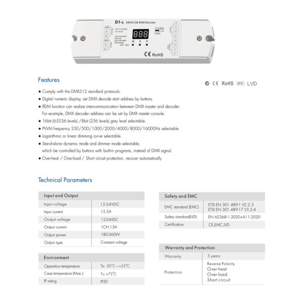 GloboStar® 71446 D1-L SKYDANCE DC DMX & RDM Dimmer High Speed Controller / Decoder 1 Καναλιού DC 12-24V 1 x 15.5A 360W - Max 15.5A 360W - IP20 Μ17 x Π5 x Υ2.5cm - 5 Years Warranty - Image 7