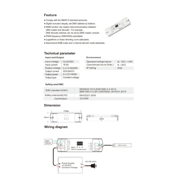 GloboStar® 71447 D3-L SKYDANCE DC DMX & RDM Dimmer High Speed Controller / Decoder 3 Καναλιών DC 12-24V 3 x 6A 144W - Max 18.5A 432W - IP20 Μ17 x Π5 x Υ2.5cm - 5 Years Warranty - Image 5