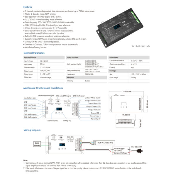 GloboStar® 71448 D5 SKYDANCE DC DMX & RDM Dimmer High Speed Controller / Decoder 5 Καναλιών DC 12-24V 5 x 6A 144W - Max 30A 864W - IP20 Μ17 x Π8 x Υ4cm - 5 Years Warranty - Image 9