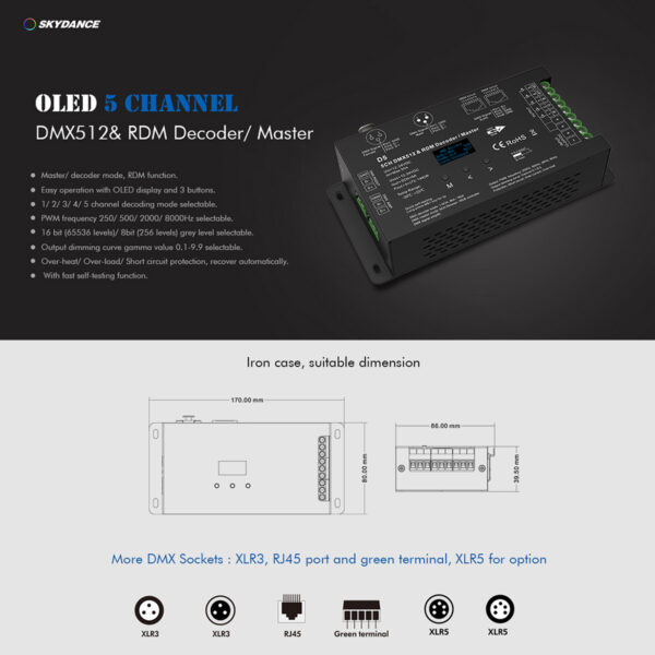 GloboStar® 71448 D5 SKYDANCE DC DMX & RDM Dimmer High Speed Controller / Decoder 5 Καναλιών DC 12-24V 5 x 6A 144W - Max 30A 864W - IP20 Μ17 x Π8 x Υ4cm - 5 Years Warranty - Image 6