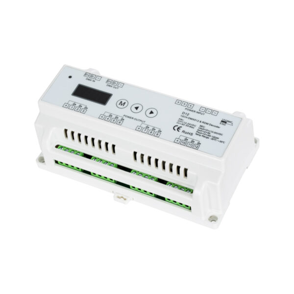 GloboStar® 71449 D12 SKYDANCE DC DMX & RDM Dimmer Din Rail Ράγας High Speed Controller / Decoder / Master 12 Καναλιών DC 12-24V 12 x 5A 120W - Max 60.5A 1440W - IP20 Μ15.5 x Π9 x Υ6cm - 5 Years Warranty