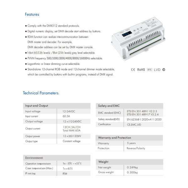 GloboStar® 71449 D12 SKYDANCE DC DMX & RDM Dimmer Din Rail Ράγας High Speed Controller / Decoder / Master 12 Καναλιών DC 12-24V 12 x 5A 120W - Max 60.5A 1440W - IP20 Μ15.5 x Π9 x Υ6cm - 5 Years Warranty - Image 7