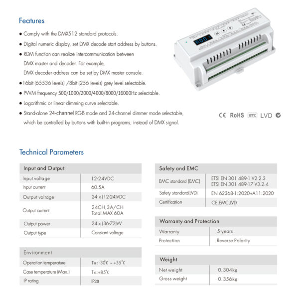 GloboStar® 71450 D24 SKYDANCE DC DMX & RDM Dimmer Din Rail Ράγας High Speed Controller / Decoder 24 Καναλιών DC 12-24V 24 x 3A 72W - Max 72.5A 1740W - IP20 Μ16 x Π9 x Υ6cm - 5 Years Warranty - Image 9