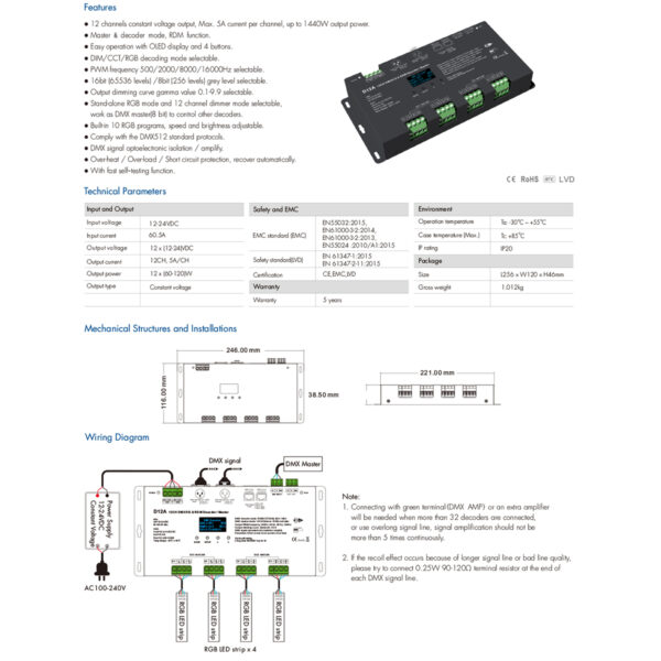 GloboStar® 71451 D12A SKYDANCE DC DMX & RDM Dimmer High Speed Controller / Decoder / Master 12 Καναλιών DC 12-24V 12 x 5A 120W - Max 60.5A 1440W - IP20 Μ25 x Π11.5 x Υ4cm - 5 Years Warranty - Image 7