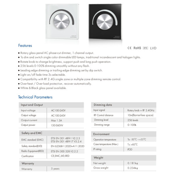 GloboStar® 71454 S1-K SKYDANCE AC Smart RF 2.4Ghz & Ροοστάτη - Push ON/OFF Triac Dimming AC100-240V σε AC100-240V 1 x 1.5A 360W - Max 1.5A 360W - IP20 - Λευκό Σώμα - Μ8.5 x Π8.5 x Υ5cm - 5 Years Warranty - Image 8