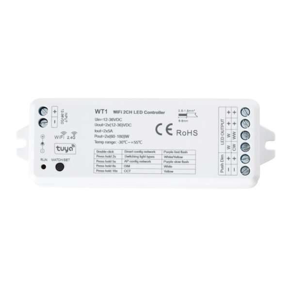 GloboStar® 71468 WT1 SKYDANCE DC WiFi & RF 2.4Ghz Dimmer High Speed Controller 2 Καναλιών DC 12-36V 2 x 5A 180W - Max 10A 180W - IP20 Μ11.5 x Π3.5 x Υ2cm - 5 Years Warranty - Image 2